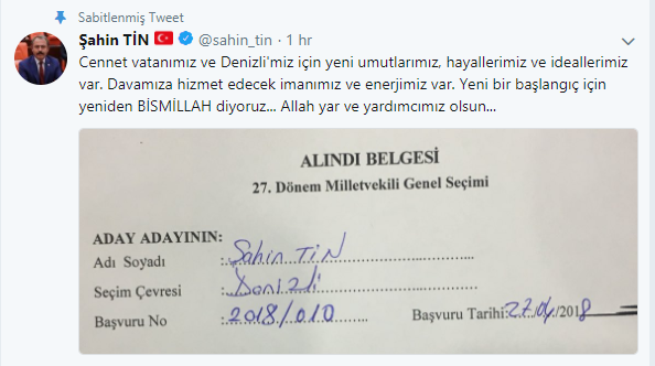 TİN ADAYLIĞINI TWİTTER’DAN AÇIKLADI