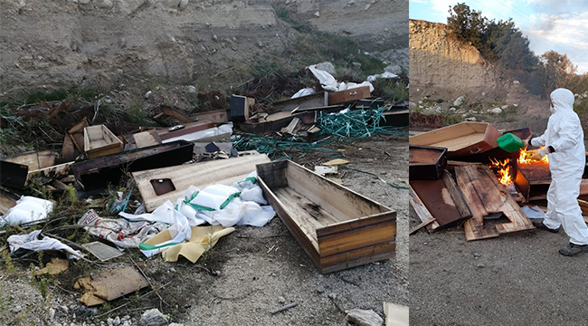 Onlarca tabut ve koruyu kıyafetler imha edildi