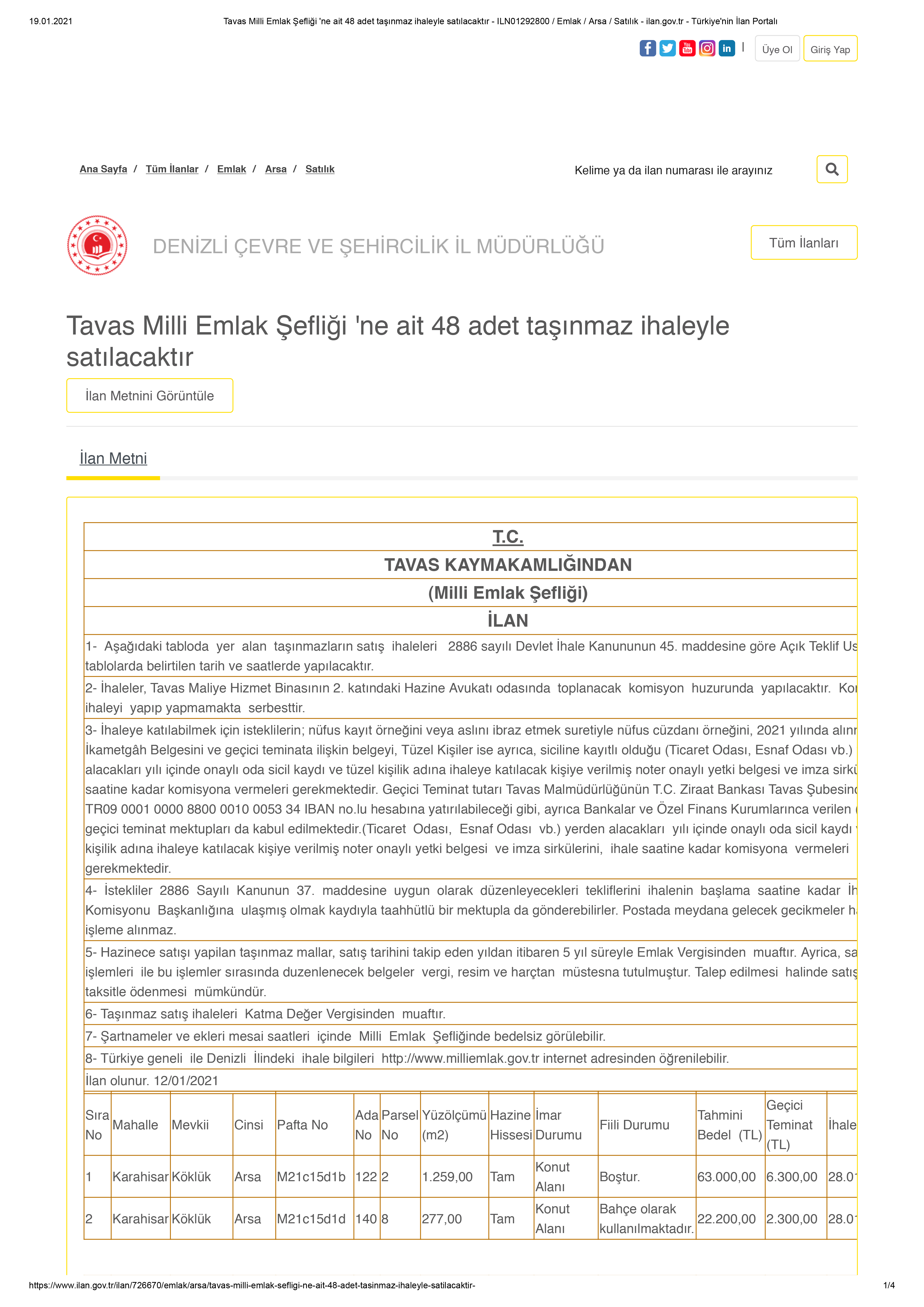 Denizli'de Çevre ve Şehircilik İl Müdürlüğü 48 adet arsasını satışa çıkardı
