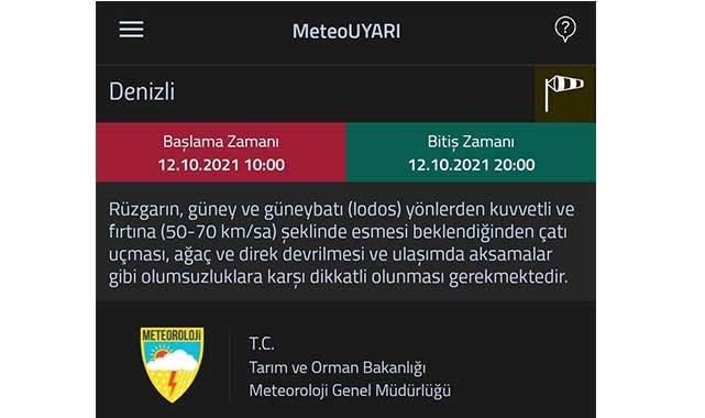 Denizli’ye kuvvetli fırtına ve yağış uyarısı