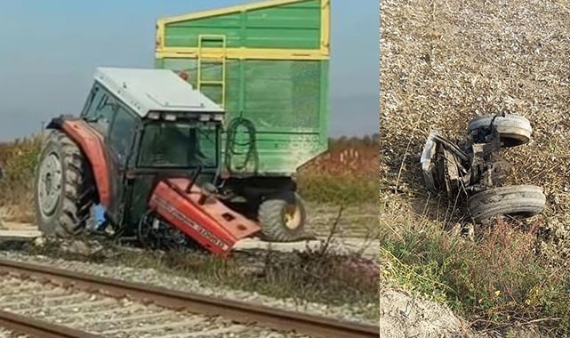 Trenin çarptığı traktörün ön iki tekerleği tarlaya uçtu; 1 yaralı