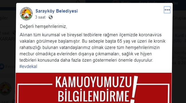 Belediye sosyal medya hesabından ilçede koronavirüs vakalarının görüldüğünü duyurdu