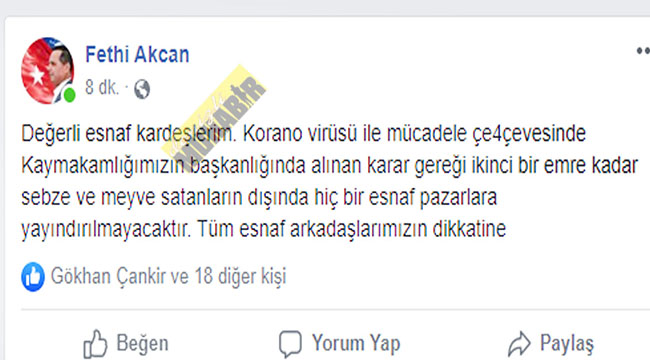 Çal Pazarında sadece sebze meyve satılacak