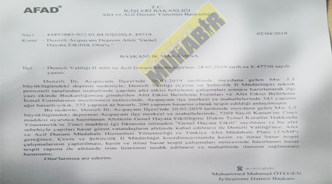 Acıpayam Afet Bölgesi Kapsamına Alındı