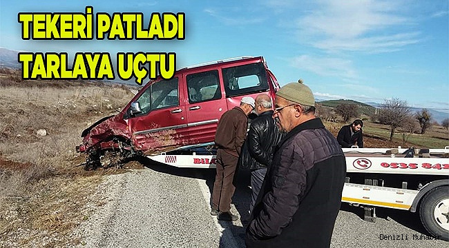 Tekeri fırlayan araç tarlaya uçtu