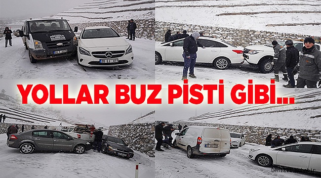 Denizli'de buzlanan yolda 8 araç, istinat duvarına ve birbirine çarptı