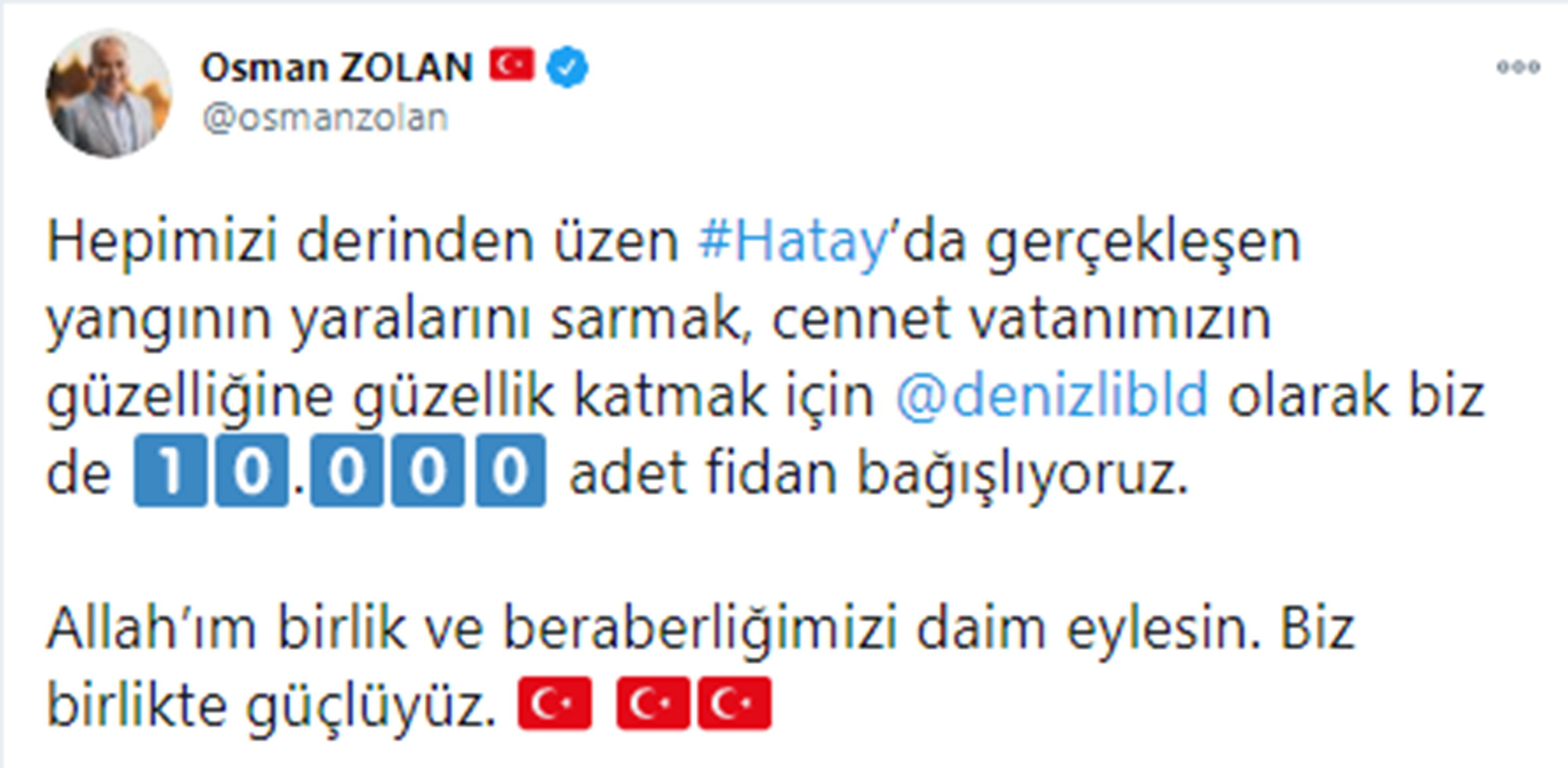 Başkan Zolan'dan Hatay’a 10 bin nefes