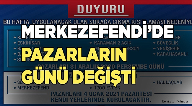 Merkezefendi'de  SOKAĞA ÇIKMA KISITLAMASI NEDENİYLE PAZARLARIN GÜNÜ DEĞİŞTİ