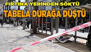 Çınar'da fırtınanın uçurduğu tabela otobüs durağına düştü