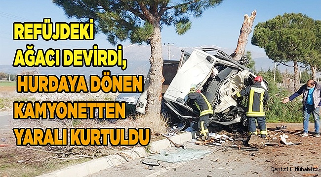 Refüjdeki ağacı devirdi, hurdaya dönen kamyonetten yaralı kurtuldu