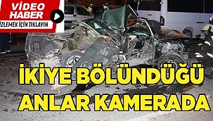 Direğe çarpıp minibüsün önüne düşen otomobilin 2'ye bölündüğü anlar kamerada