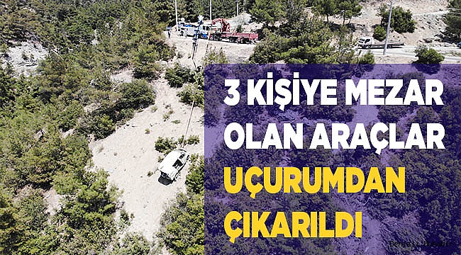 3 kişinin öldüğü kazada hurdaya dönen araçlar uçurumdan çıkartıldı