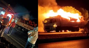 Tomruk yüklü kamyonun önce tekerleri sonra dorsesi alev aldı