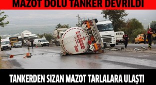 Yağışla birlikte kontrolden çıkan yakıt tankeri devrildi