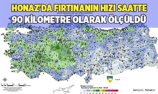 Honaz'da fırtınanın hızı saatte 90 kilometre olarak ölçüldü
