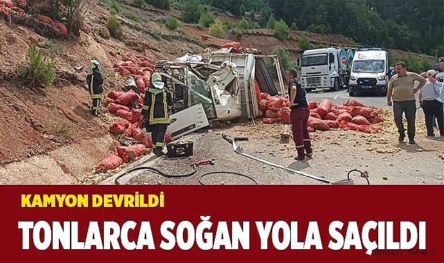 Tonlarca soğan devrilen kamyondan yola saçıldı