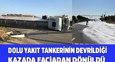 Dolu yakıt tankerinin devrildiği kazada faciadan dönüldü