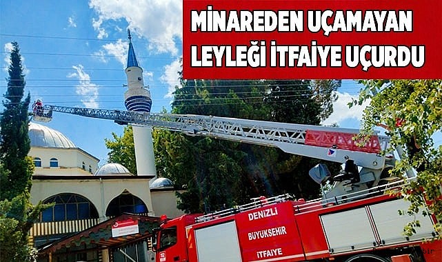 Minareden uçamayan leyleği itfaiye uçurdu