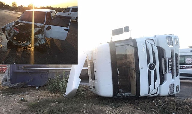 Otomobille çarpışan tır devrildi: 2 yaralı