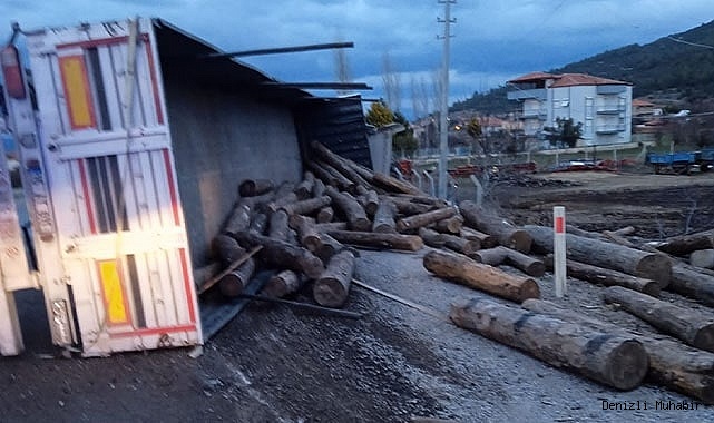 Tomruk yüklü tır devrildi