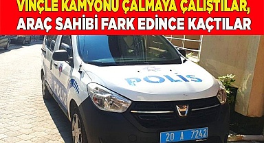 Vinçle kamyonu çalmaya çalıştılar, araç sahibi fark edince kaçtılar