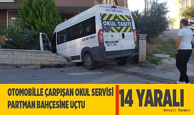 Otomobille çarpışan okul servisi apartman bahçesine uçtu: 14 yaralı