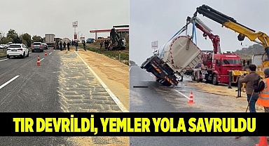 Tır devrildi, yemler yola savruldu
