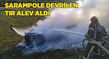 Şarampole devrilen tır alev aldı