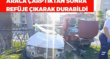 Araca çarptıktan sonra refüje çıkarak durabildi