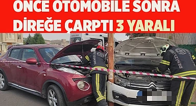 Önce otomobile sonra direğe çarptı 3 yaralı