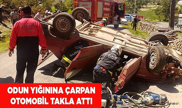 Odun yığınına çarpan otomobil takla attı