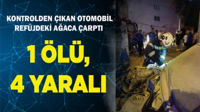 OTOMOBİL REFÜJDEKİ AĞACA ÇARPTI : 1 ÖLÜ, 4 YARALI