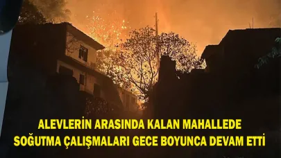 Alevlerin arasında kalan mahallede soğutma çalışmaları vardı