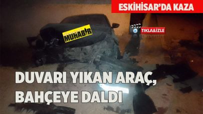 Eskihisar'da duvarı yıkan araç, bahçeye daldı