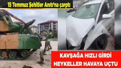 Denizli'de kavşağa süratli giren otomobil, heykelleri biçti