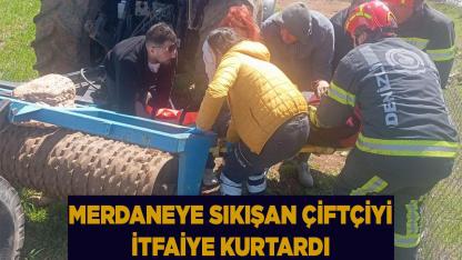 Merdaneye sıkışan çiftçiyi itfaiye kurtardı