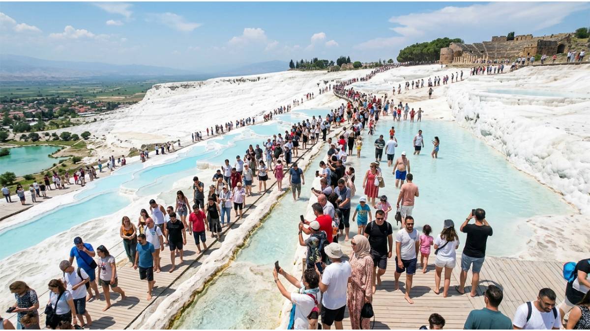 Pamukkale Beyaz Örtüsüyle Ziyaretçi Akınına Uğradı