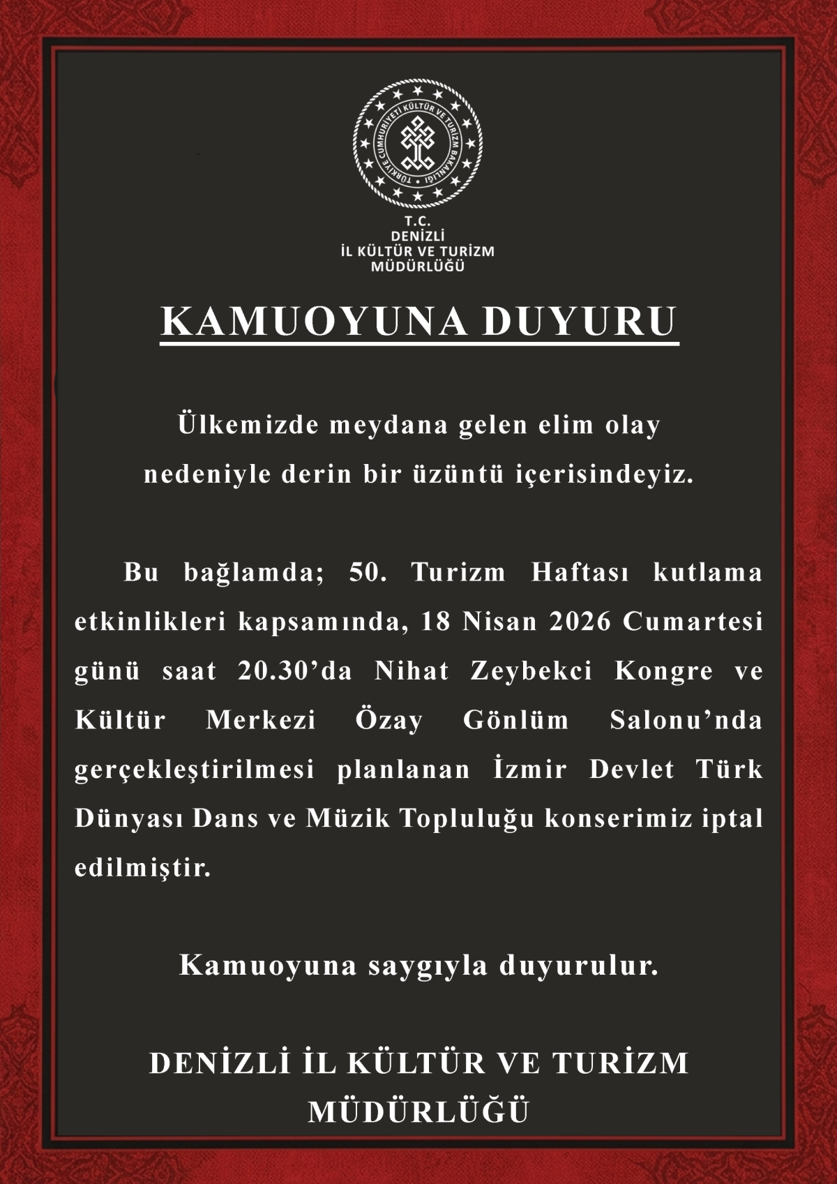 Denizli Turizm Haftası Konseri İptal Edildi